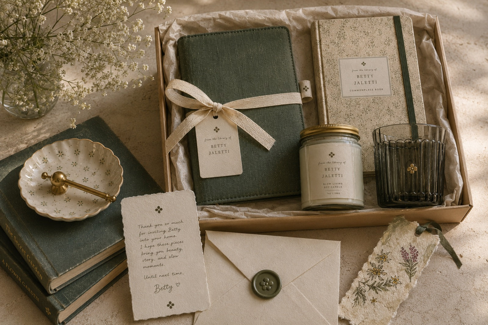 The First Edition in its house box: the Chaperone book cover in jade linen, the Good Lines commonplace book, the One More Chapter candle and the Good Glass, with a wax-sealed envelope